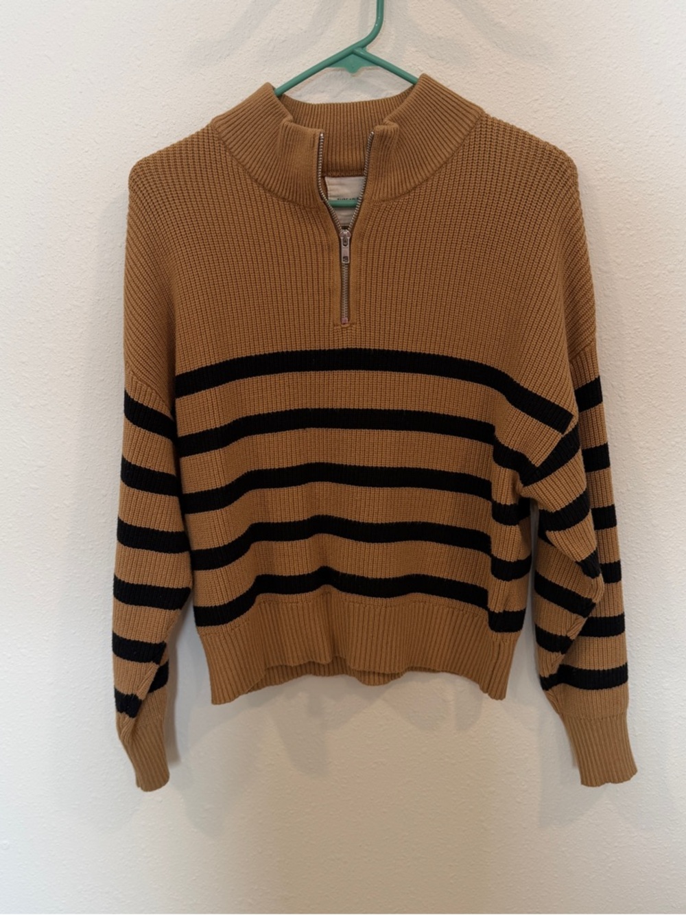 Thread & Supply Camel and Black Striped Half-Zip Sweater